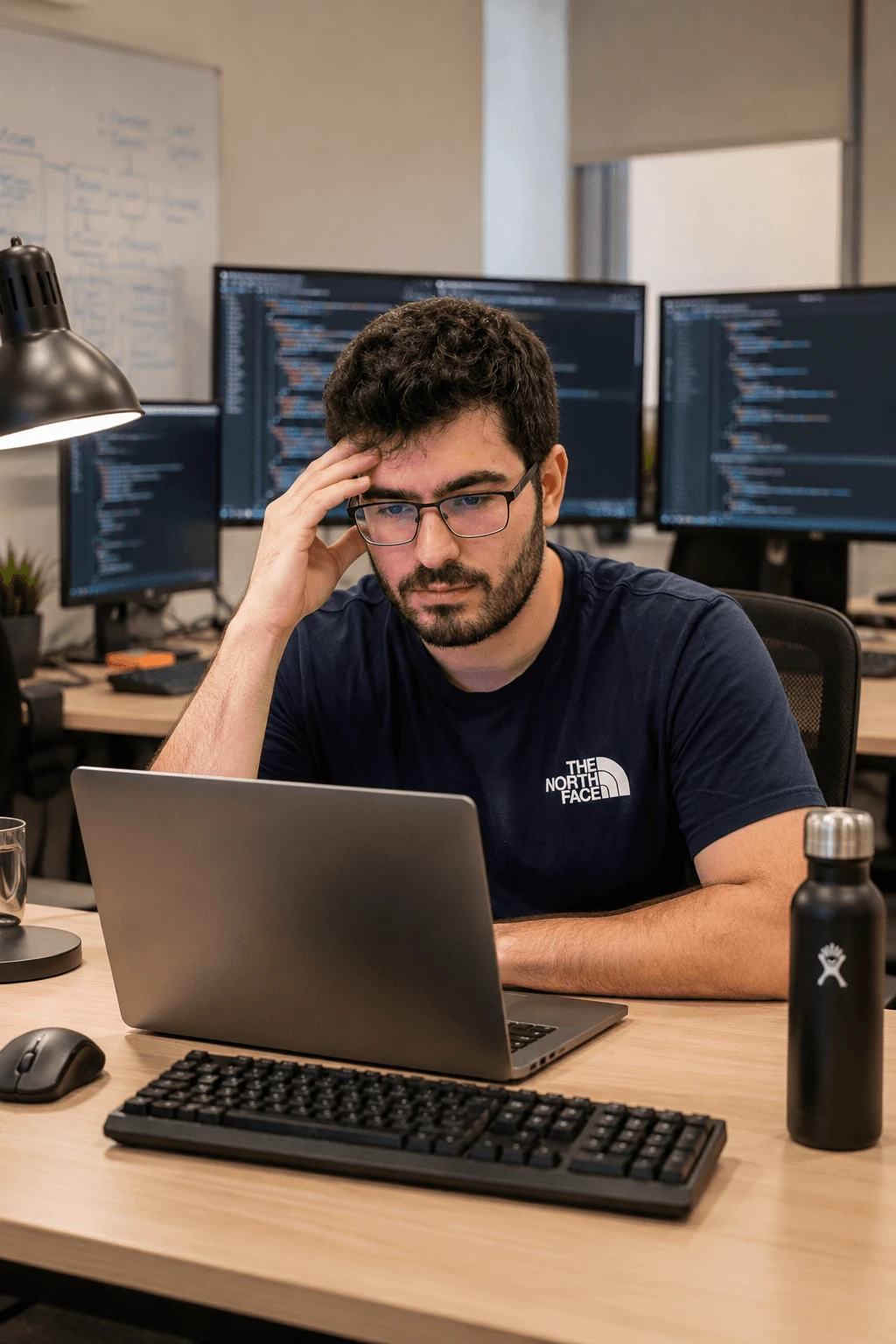 A SIROC engineer working at a desk in front of code on three monitors