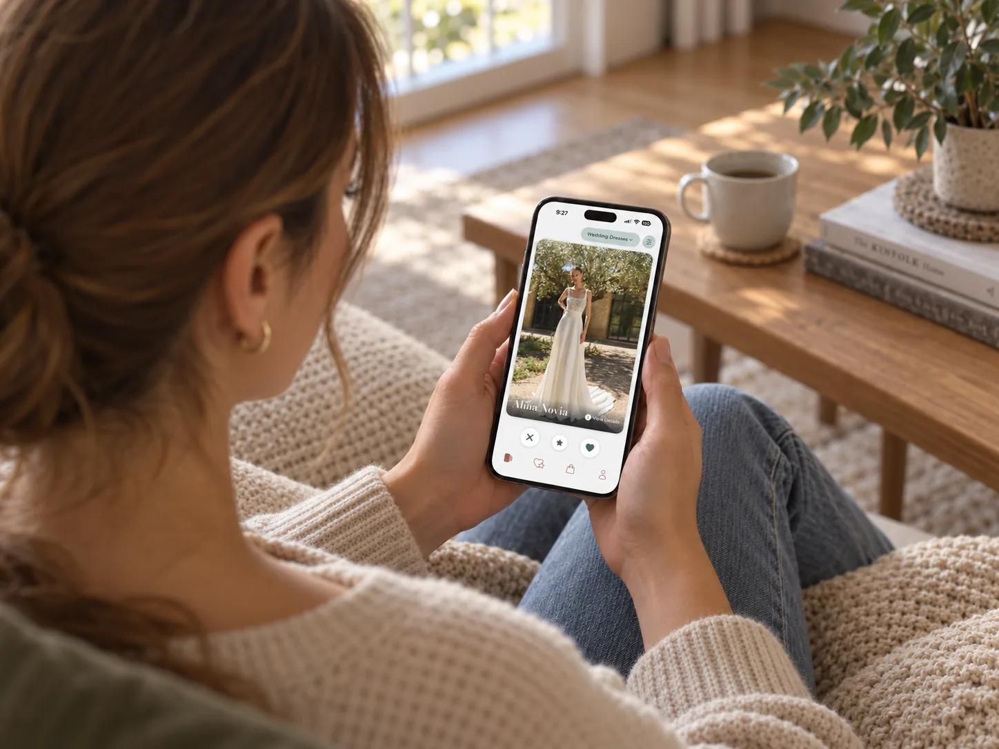A woman on her sofa swiping through wedding dresses in the Bridify app.