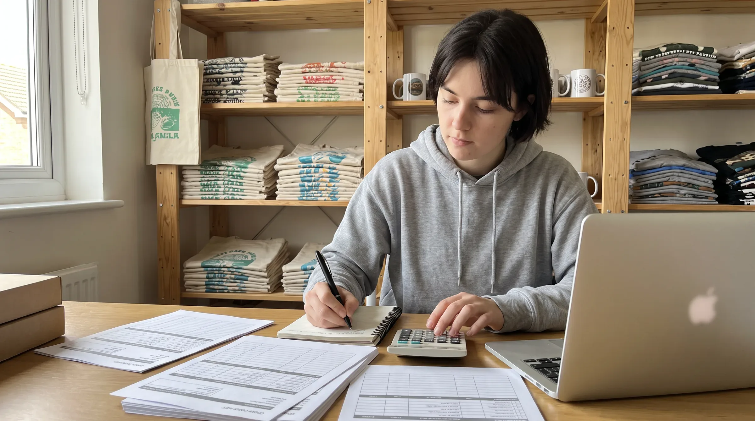 An online seller in her print studio, working through her figures by hand with a notebook and calculator.