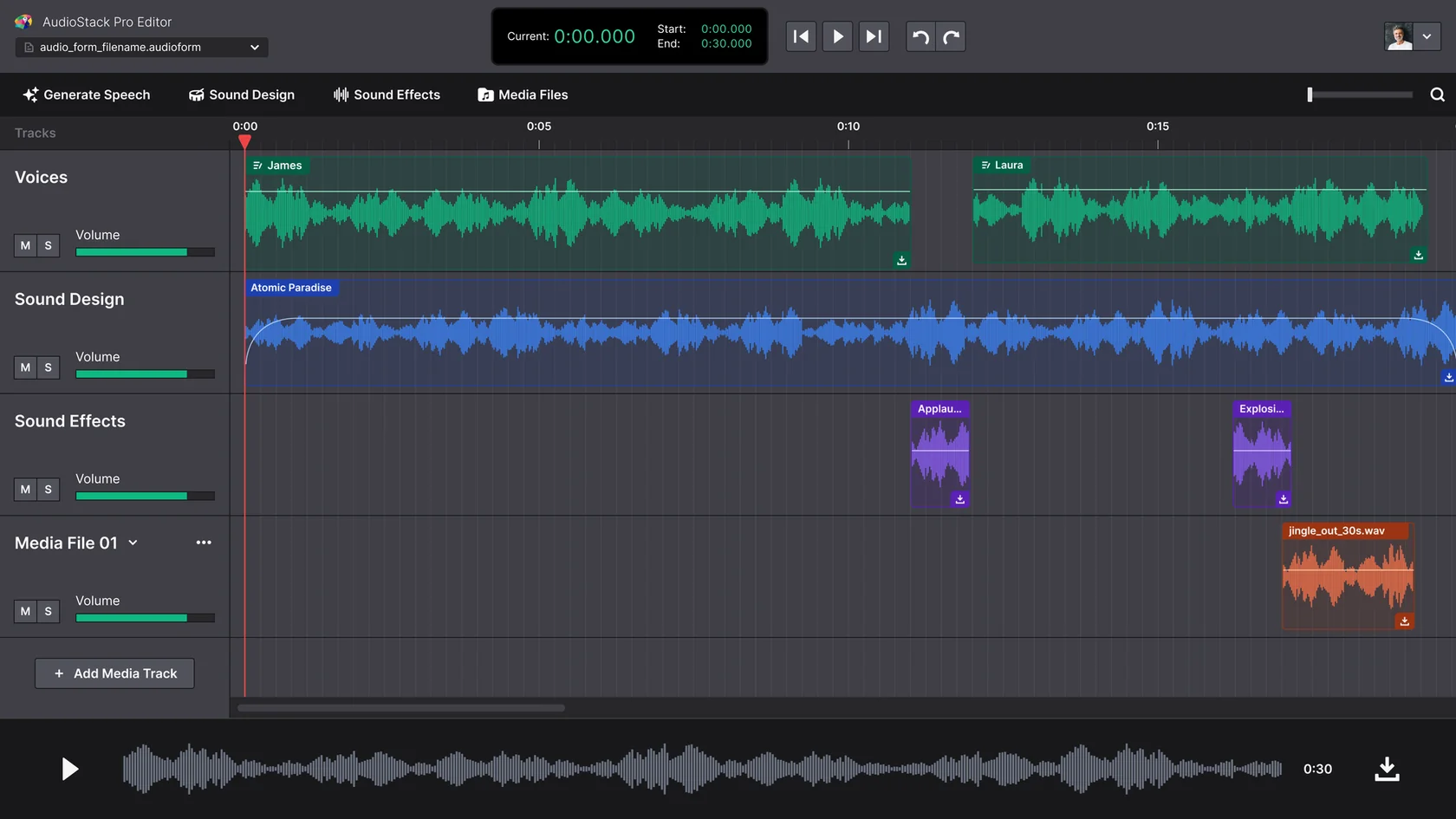 The AudioStack Pro Editor: voice, sound design, effects and jingle tracks on one timeline