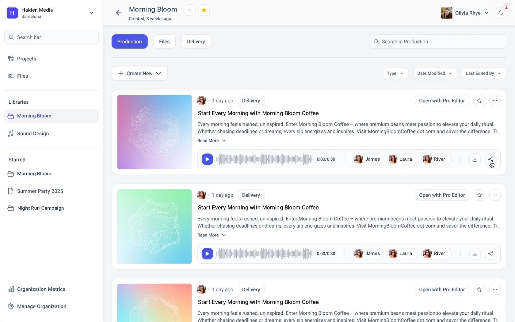 An AudioStack project's productions, each a finished ad with its voices