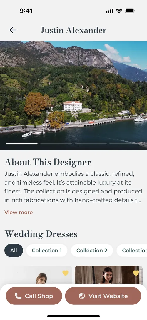 A Bridify designer page for Justin Alexander, with its collections and a Call Shop button