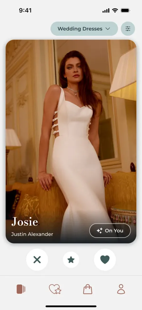 The Bridify swipe feed, a dress with its On You button