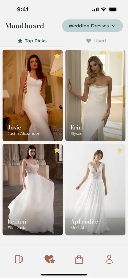 The Bridify moodboard of top-pick wedding dresses, each with its designer