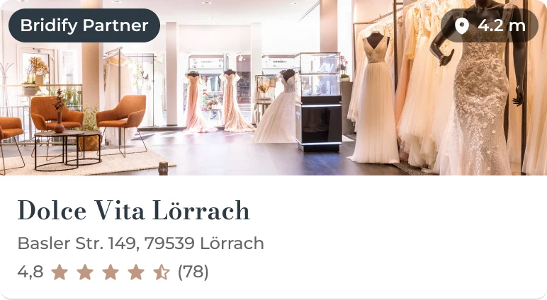 A Bridify partner boutique card: Dolce Vita Lörrach, 4.2 m away, rated 4.8