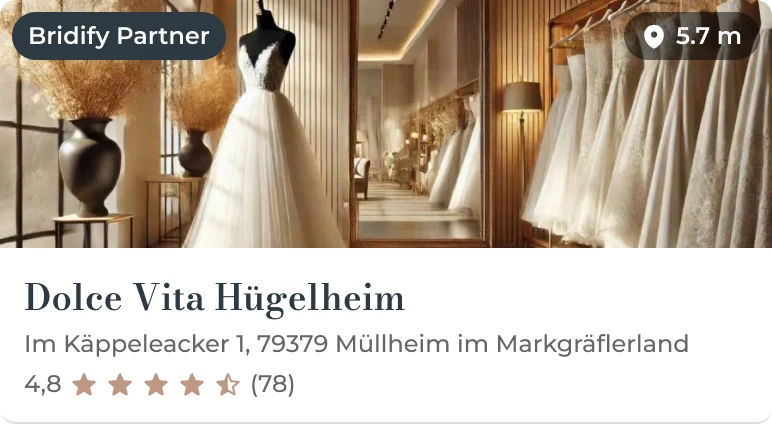 A Bridify partner boutique card: Dolce Vita Hügelheim, 5.7 m away, rated 4.8