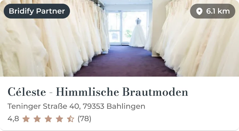 A Bridify partner boutique card: Céleste Himmlische Brautmoden, 6.1 km away, rated 4.8