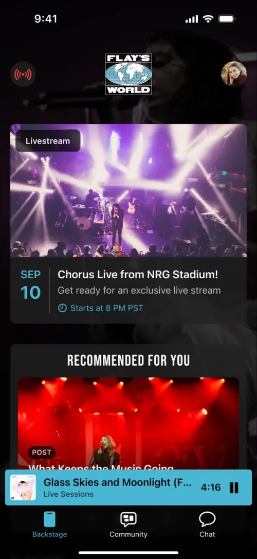 Backstage in the Chorus app, with a livestream coming up