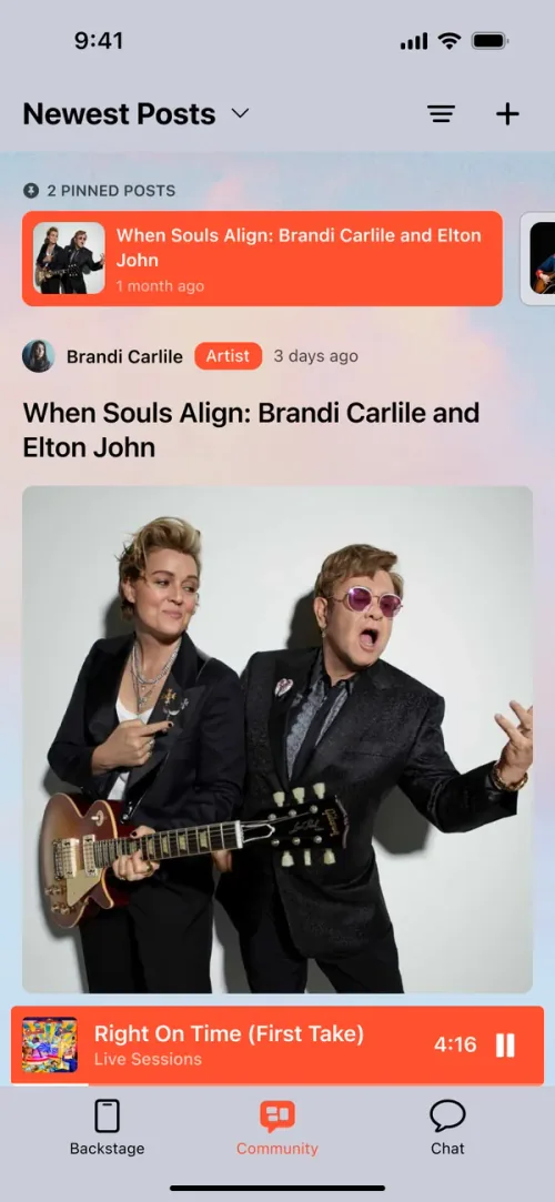 The Chorus community feed, with a pinned post and the mini player