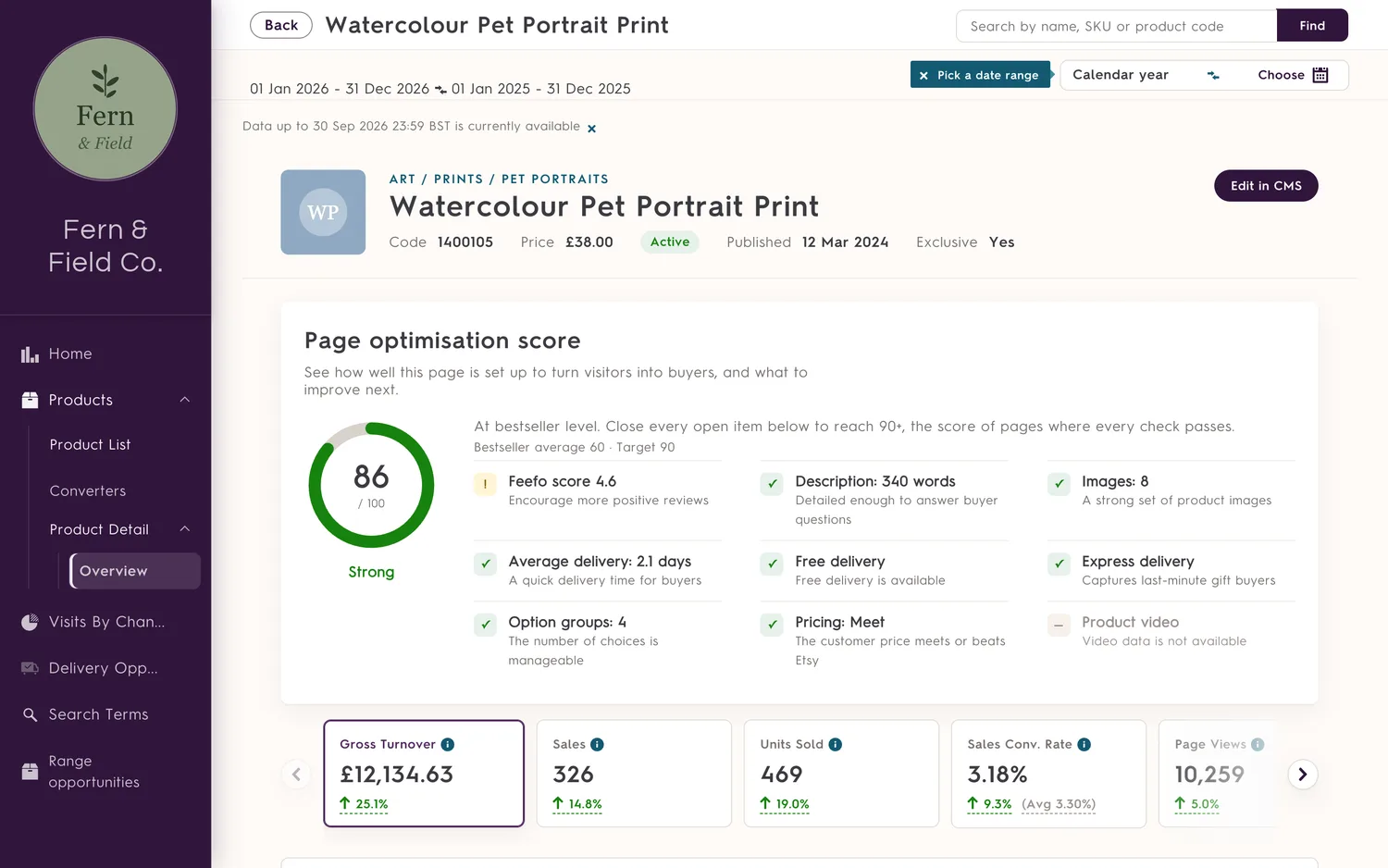 A product's page in the partner dashboard, with its page optimisation score of 86